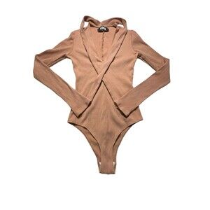Reformation‎ Size Small Ribbed Tie Neck Covered Back Brown Bodysuit #Z4-5